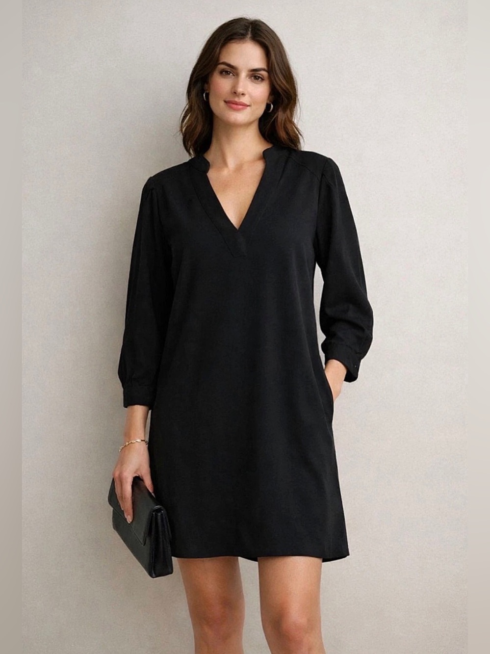 Brochu Walker Black Shift Dress Sz M Pleated Sleeves Quiet Luxury Minimalist